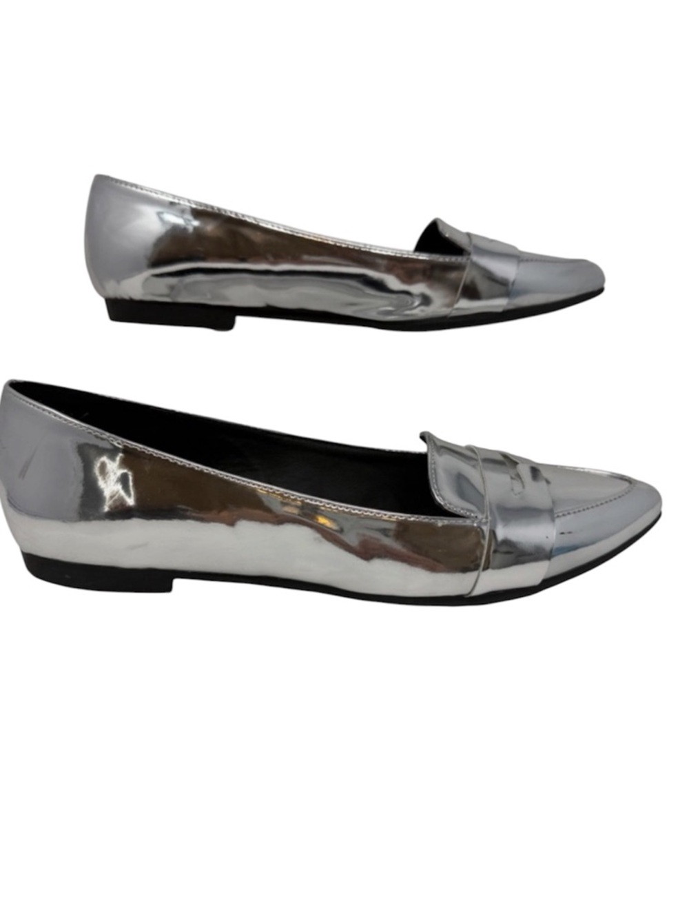 JustFab Sophi Shiny Silver Metallic cyber Pointed Toe Loafers Slip-On Size 8.5